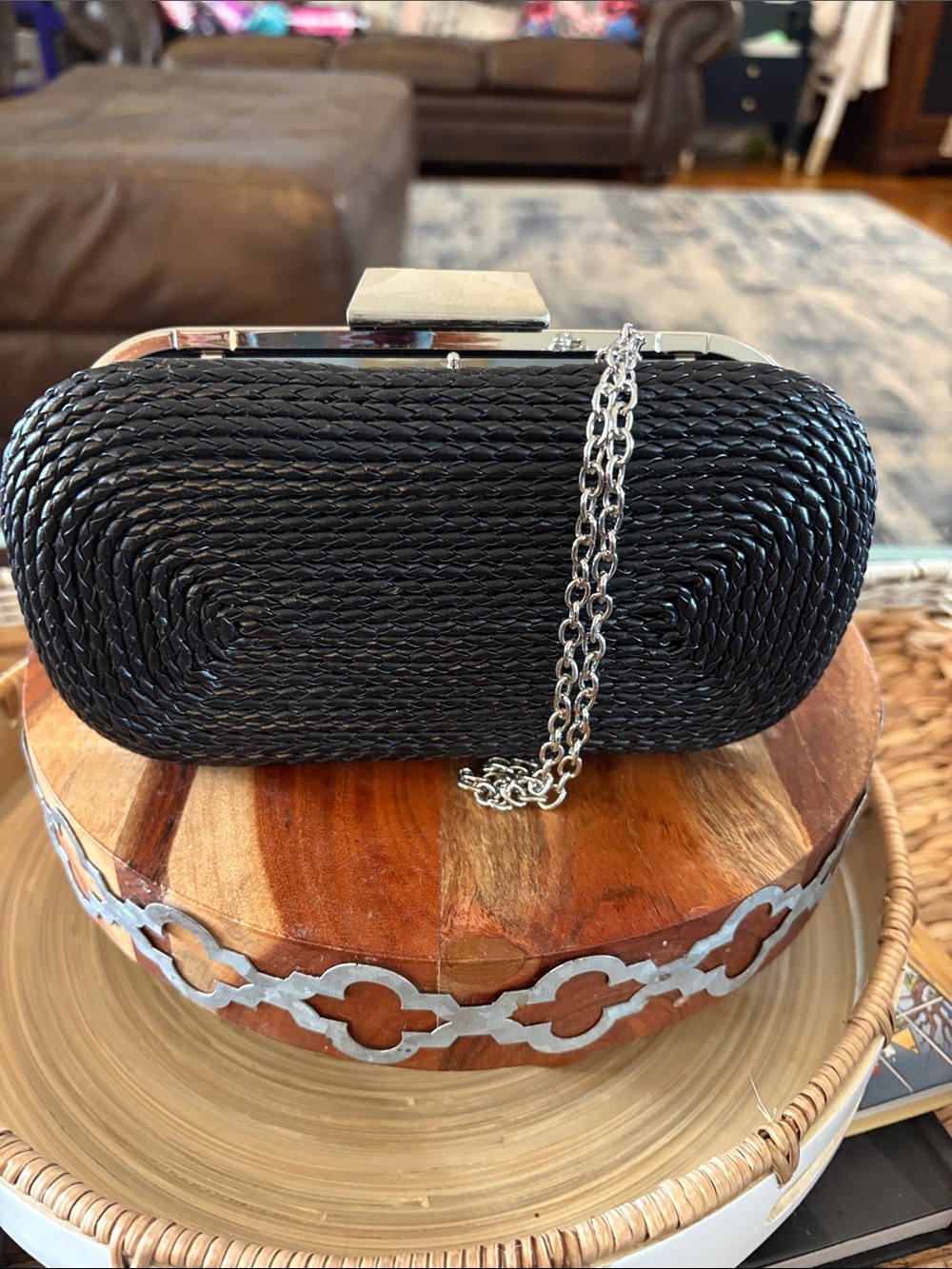 Elegant Black Woven Clutch with Silver Chain Strap